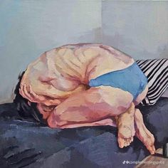 a painting of a man sleeping on top of a bed with his back turned to the camera