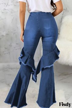 Fisdy - Vaqueros vaqueros de corte alto con estilosos detalles rasgados en color azul oscuro. Dark Blue Fashion, Denim Chic, Bell Bottom Pants, Boot Cut Denim, Refashion Clothes, Jeans Online, Ripped Denim, Plus Size Jeans, Wide Leg Denim