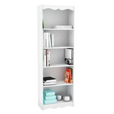 a white book shelf with books and other items on it, against a white background