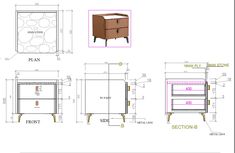 the drawing shows different types of furniture and measurements for each piece, including an end table