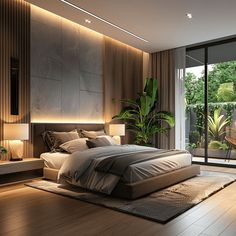 High-tech modern bedroom with a focus on incorporating automated lighting and climate control for a personalized and optimized living experience Dark Modern Bedroom, Black Bedroom Design, Dark Bedroom, Room Design Bedroom