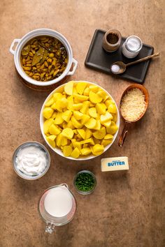 the ingredients to make this dish include butter, sour cream, and pumpkins in bowls