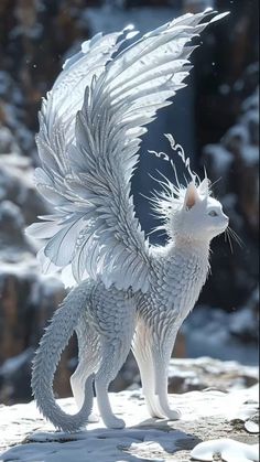 a white cat that is standing in the snow with its wings spread out and it's eyes open