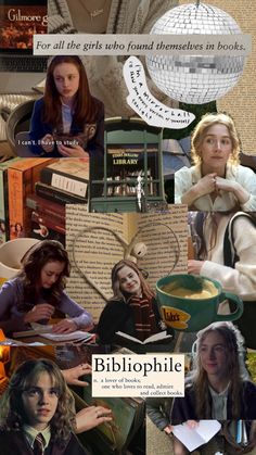 the collage shows many different people and books