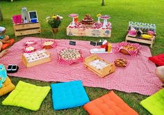 an outdoor picnic is set up on the grass with food and snacks laid out on it