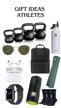 the gift guide for athletes includes an assortment of items including water bottles, headphones and sunglasses