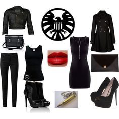 a woman's black outfit with red lipstick and accessories including shoes, handbag