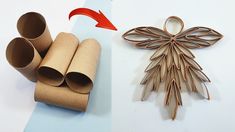 an ornament made out of toilet paper next to rolled up rolls and a christmas tree decoration