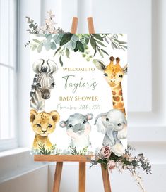 a baby shower sign with watercolor animals on it and the words, matching items available link is in the description below