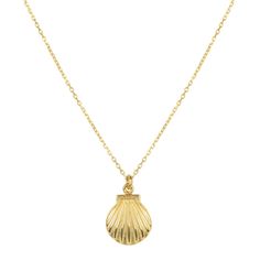 A cast scallop shell pendant necklace on a fine chain.The high polished gold finish radiates with a metallic shine.The versatility of this necklace means you can pair with a simple cashmere sweater, or as a statement necklace for an evening look.An essential for those that covet delicate jewellery.A festival and holiday essential which looks great worn by the pool over a bikini, or with a flowing maxi dress.Finished with lobster clasp and size adjuster for ease of wear. Materials: 925 Sterling s Gold Shell-shaped Necklace With Adjustable Chain, Oversized Hoop Earrings, Delicate Jewellery, Scallop Shell, Printed Jewelry, Scallop Shells, Shell Necklace, Gold Print, Delicate Jewelry