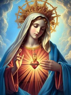 the immaculate mary holding a heart in her hands