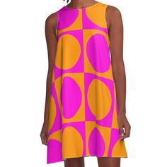 Loose-fit, mid-length sleeveless dress with silky handfeel. Printed on both sides. Machine washable. Size range XS-2XL. sixties and seventies inspired pattern Sleeveless Geometric Pattern Summer Dresses, Sleeveless Summer Dress With Geometric Pattern, Modern Fitted Sleeveless Summer Dress, Multicolor Geometric Sleeveless Dress, Fitted Summer Dress With Geometric Pattern, Knee-length Summer Dress With Geometric Pattern, Modern Summer A-line Mini Dress, Mod Style Sleeveless Orange Dress, Multicolor A-line Mod Dress