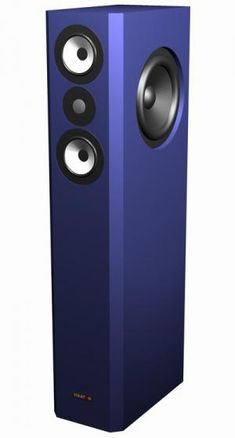 a tall blue speaker with two speakers on each side