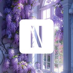 the letter n is surrounded by purple flowers in front of a window with an arch