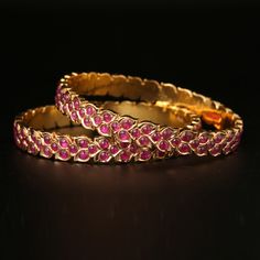 KMN-247 Elegant Ruby Bangle - Kamna Designs Traditional Ruby Bangle Bracelet, Traditional Gold Bangle With Ruby, Elegant Ruby Bangle With Stone Work, Intricate Design Ruby Bangle Jewelry, Ceremonial Ruby Bangle Jewelry, Diamond Earrings Indian, Mango Necklace, Ruby Bangles, Burmese Ruby