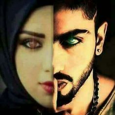 two different images of a man and woman with green eyes