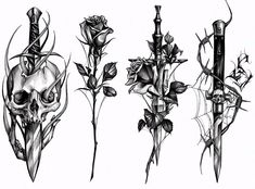 three different types of tattoos with roses and swords