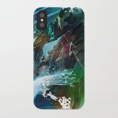 a phone case with an image of a man riding on a boat in the ocean