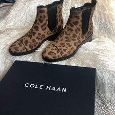 Never Worn. New In The Box. Nwt. My Wide Foot Is Your Cole Haan Score! Size 7.5, Padded And Easy To Slip Into. Details Leopard Print Calf Hair Sculpts An Easy-On Chelsea Boot From Cole Haan. Sizing: True To Size. - Round Cap Toe - Genuine Leopard Print Calf Hair Construction - Dual Side Goring - Pull-On - Approx. 4" Shaft Height, 10" Opening Circumference - Approx. 1.5" Heel - Imported Color: Ocelot Print / Black Leather Cole Haan Shoes, Calf Hair, Chelsea Boot, Cole Haan, Boots Booties, Chelsea Boots, Bootie Boots, Chelsea, Leopard Print