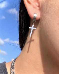 SURGICAL STEEL HOOPS + CROSS PENDANTS 10MM HOOPS HYPOALLERGENIC 2 EARRINGS (1 PAIR) handmade with love 🖐🖤 Cool Ear Rings, Cross Piercings, Cross Earrings Aesthetic, Earings Aesthetics, Grunge Earrings, Cross Earring, Pop Jewelry, Earrings Cross, Dagger Earrings