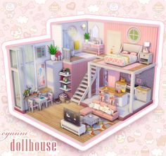 an image of a dollhouse with furniture and decor on it's floor plan