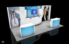 an exhibition stand with two televisions and speakers