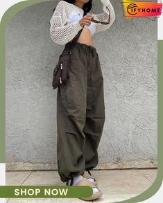 Classic and Fresh Pants Fall Outdoor Pants, Casual Wide Leg Parachute Pants With Hip Pockets, Casual Full Length Baggy Bottoms, Khaki High Waist Loosely Fitted Parachute Pants, Baggy Khaki Ankle-length Pants, Khaki Baggy Ankle-length Pants, Casual High Waist Baggy Bottoms, Casual Full-length Cargo Style Sweatpants, Khaki High-waist Loose Fit Parachute Pants