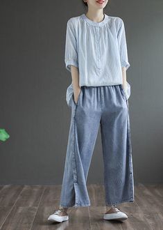 Blue Striped Cotton Shirt Top O-neck Oversized Half Sleeve Blue Khakis, Comfortable Room, Cup Size, Oversized Shirt, Half Sleeve, Shirt Top, Linen Shirt, Denim Pants, Trousers Women