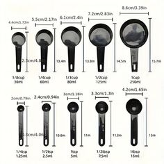 kitchen utensils are shown with measurements