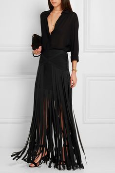 Fringed Skirt Outfit, Black Fringe Skirt Outfit, Long Fringe Skirt, Fringe Skirt Outfit, Fringe Dresses, Illesteva Sunglasses, Skirt With Fringe, Fringed Dress