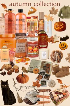 an autumn collection is shown with pumpkins and other items