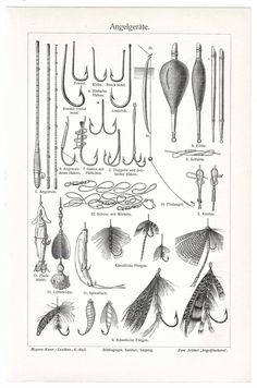 an antique illustration of different types of fishing lures and their uses in the water