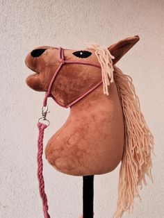 a brown horse head with a pink bridle