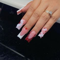 #nails red and white nail set w jewels, french tip, and flower molds Red Nails With Acrylic Flowers, Red Swarovski Nails, White French Tip With Red Design, Customize Nails, White Nail Set, Nails Acrylic Red, Nails Red And White, Plain Acrylic Nails, Red And White Nails