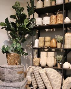 the shelves are filled with different types of baskets and vases, plants, and other decorative items