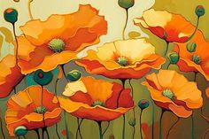 an abstract painting of orange poppies on a green and yellow background, with white flowers in the foreground