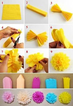 how to make tissue paper flowers with yarn and pom - poms step by step