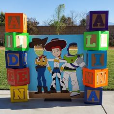 an outdoor display with blocks and cartoon characters