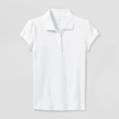 Your child will love taking on their day in comfort and classic style in this Interlock Polo Short-Sleeve T-Shirt from Cat & Jack™. This short-sleeve polo shirt is made from a lightweight interlock fabric for all-day comfort. It features a collared neckline with a three-button placket for classic styling, while the below-waist length allows them to wear it either tucked in or untucked. Designed in a solid hue, they can coordinate it with anything from pleated skirts to flat-front trousers to chino shorts for versatile styling. Cat & Jack™: Classics with an imagination of their own. Uniform Shirt, Basic White Collared Polo Shirt, White Collared Polo Shirt, White Fitted Polo Collar Shirt, White Turtleneck Short Sleeve, Fitted White Short Sleeve Polo Shirt, Cheap White Collared T-shirt, Grey Shirt Dress, Grey Polo Shirt