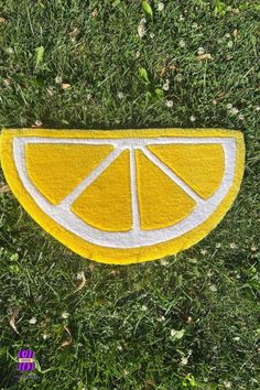 a slice of lemon on the grass with white and yellow trim around it's edges