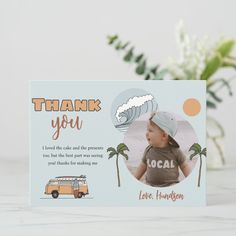 a thank card with an image of a baby in a van on the front and back