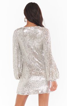 Aniston Mini Dress ~ Platinum Sequins – Show Me Your Mumu Glamorous Long Sleeve Shimmer Mini Dress, Champagne Sequin Dressy Dresses, Flirty Contrast Sequin Dress For Date Night, Glamorous Shimmer Sequin Dress For Holiday Party, Glamorous Sequin Dress With Glitter For Holiday Party, Glamorous Contrast Sequin Dress For Date Night, Chic Contrast Sequin Mini Dress For Holiday Party, Chic Sequined Mini Dress For Homecoming, Sparkling Long Sleeve Dress For Date Night