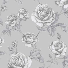 a gray and white floral wallpaper with roses on the side, in full bloom