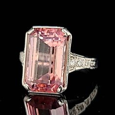 Vintage 14k white gold natural pink tourmaline rectangular shape center set natural pink tourmaline rectangular weight 6.28ct. size 13.5x8.5mm very nice pink color nice luster, very lively, and nice cut. clean brilliant, sparkly. side  set round cut diamonds total weight 0.08ct ring size 5 Resizable Appraisal available Retail value $4,500 net Fine Jewelry Pink Rectangular Rings, Gia Certified Pink Platinum Rings, Formal Pink 14k White Gold Jewelry, Formal 14k White Gold Pink Rings, Pink Emerald Cut Tourmaline Jewelry, Pink Emerald-cut Tourmaline Jewelry, Formal Pink 14k White Gold Rings, Formal Pink Gia Certified Rings, Pink Morganite Emerald-cut Jewelry