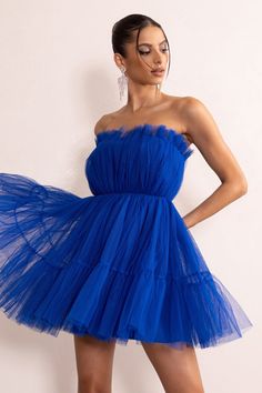 Aella Cobalt Blue Bandeau Volume Pleated Tulle Mini Dress – Club L London - USA Royal Blue Mini Dress For Prom, Tulle Mini Dress For Gala, Gala Tulle Mini Dress, Gala Mini Tulle Dress, Blue Tulle Mini Dress For Spring, Blue Tulle Mini Dress For Wedding, Blue Mini Tulle Dresses, Royal Blue Mini Length Cocktail Dress, Royal Blue Mini Dress For Cocktail Events