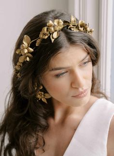 Elizabeth Messina, Hair Adornments, Hair Vine, Clay Flowers, Bridal Headpieces, Gold Beads, Matching Earrings, Veil, Fashion Earrings