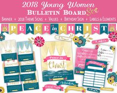 the 2013 young women bulletin board set is shown in pink, blue and yellow colors