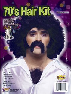 a man with an afro wig and moustache on his face is featured in the magazine 70's disco kit