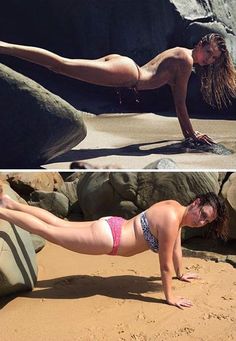 two pictures of a woman in bikinis on the beach, one with her legs spread out