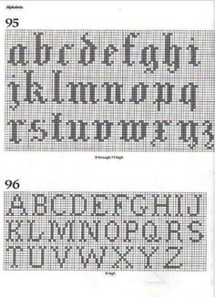 two cross stitch alphabets with numbers and letters in each letter, one has the same pattern